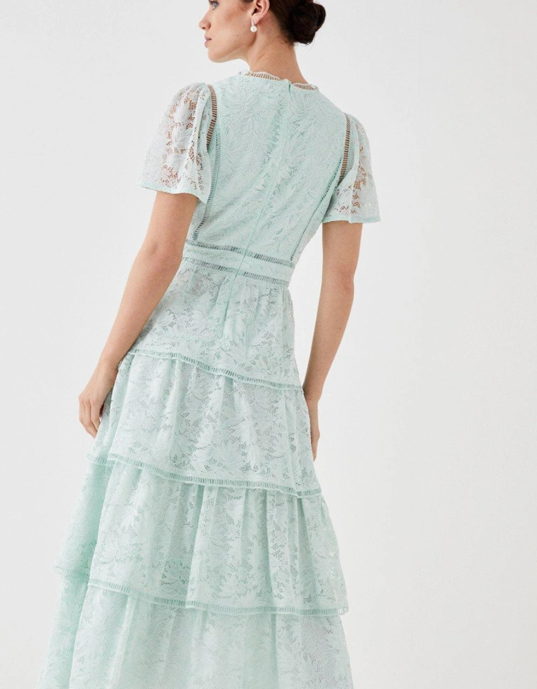 Petite Tiered Lace Dress With Flutter Sleeve & Trims