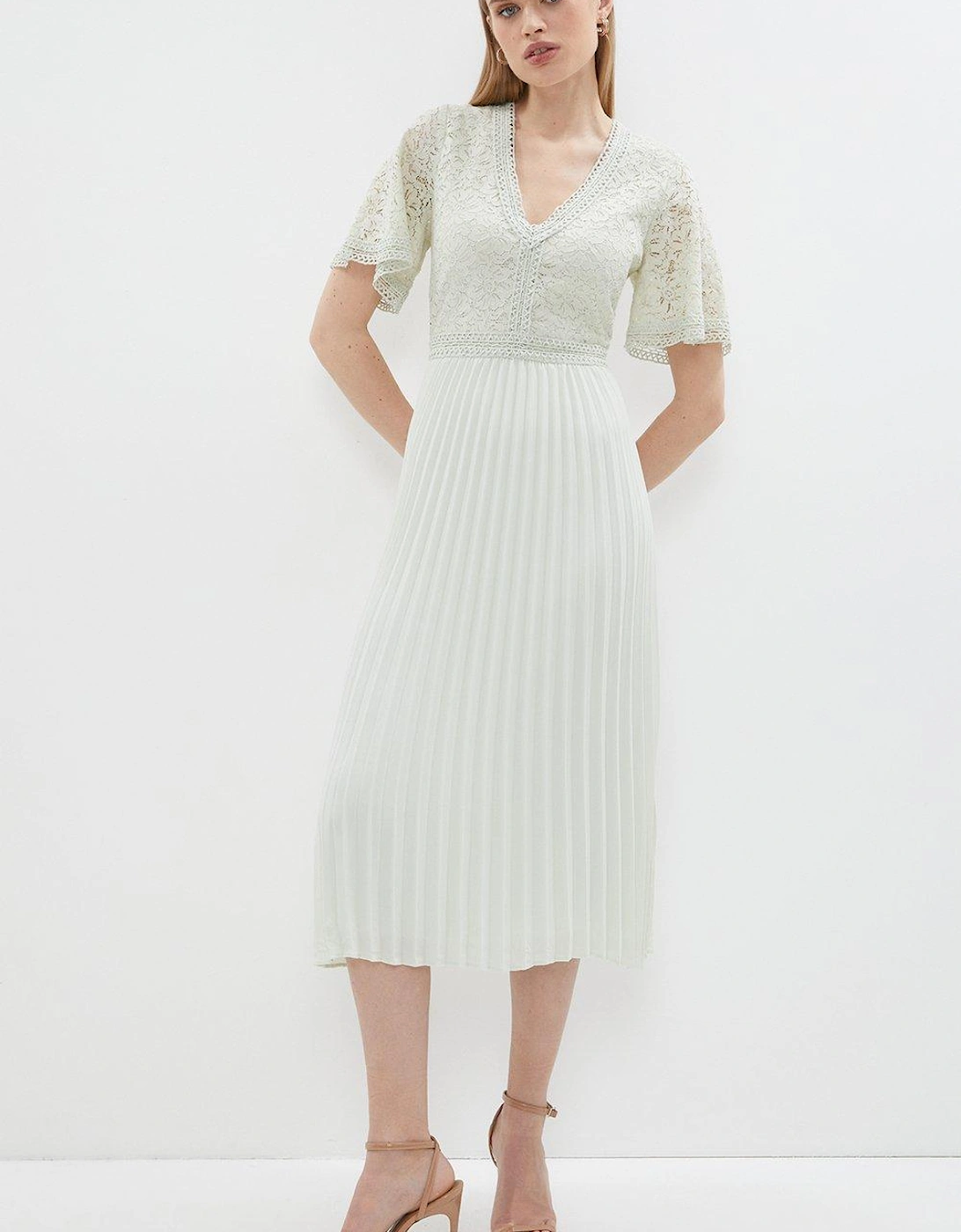 Lace Bodice Angel Sleeve Pleat Skirt Midi Dress, 5 of 4