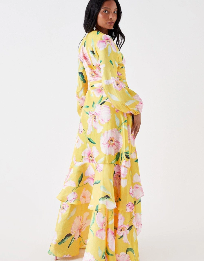 Petite Frill Hem Wrap Midi Dress With Long Sleeve In Organza