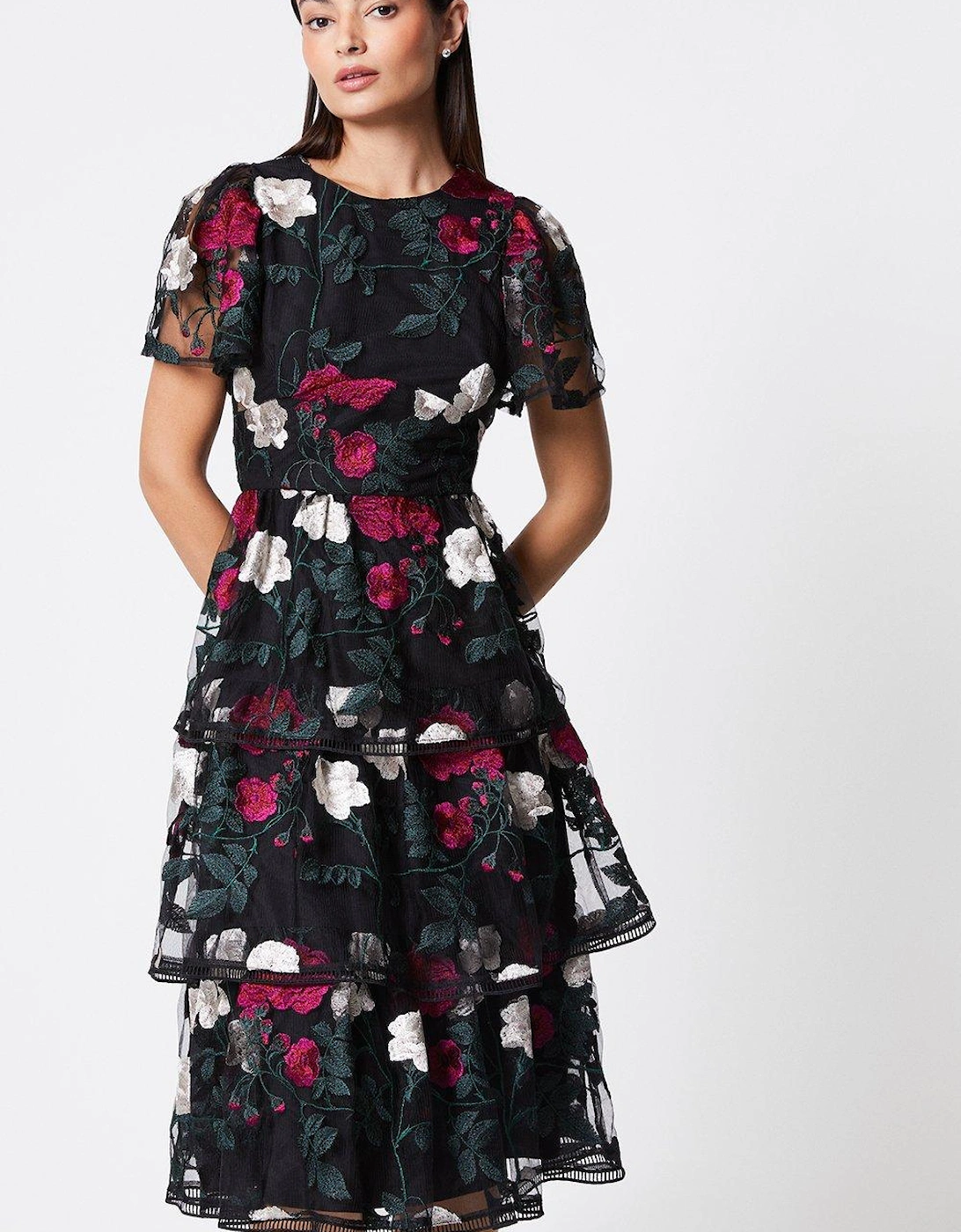 Tiered Skirt Embroidered Mesh Midi Dress