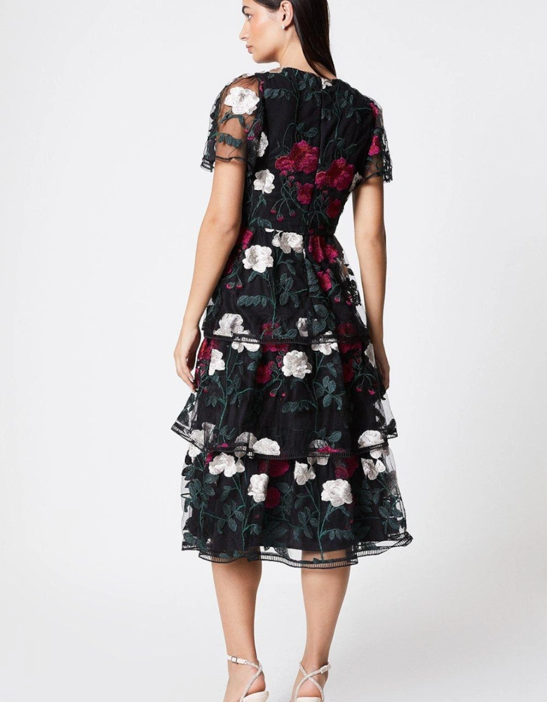 Tiered Skirt Embroidered Mesh Midi Dress