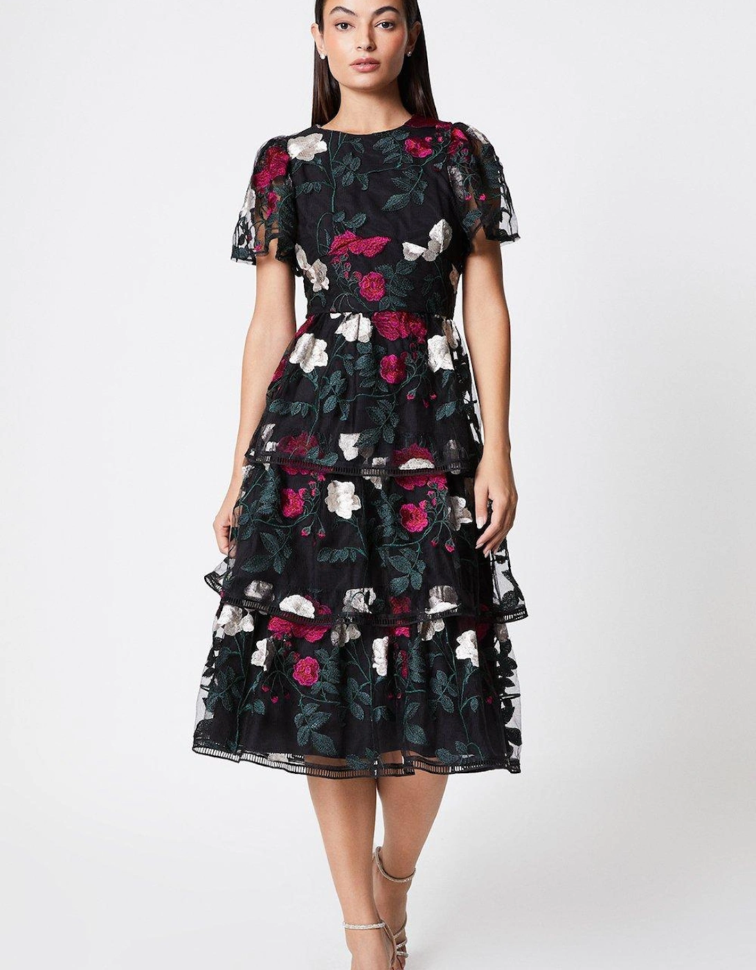 Tiered Skirt Embroidered Mesh Midi Dress, 4 of 3