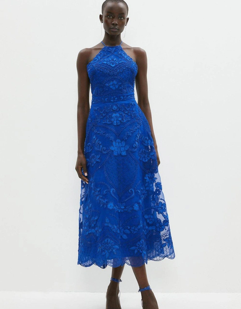 Halterneck Midi Dress In Cutwork Lace