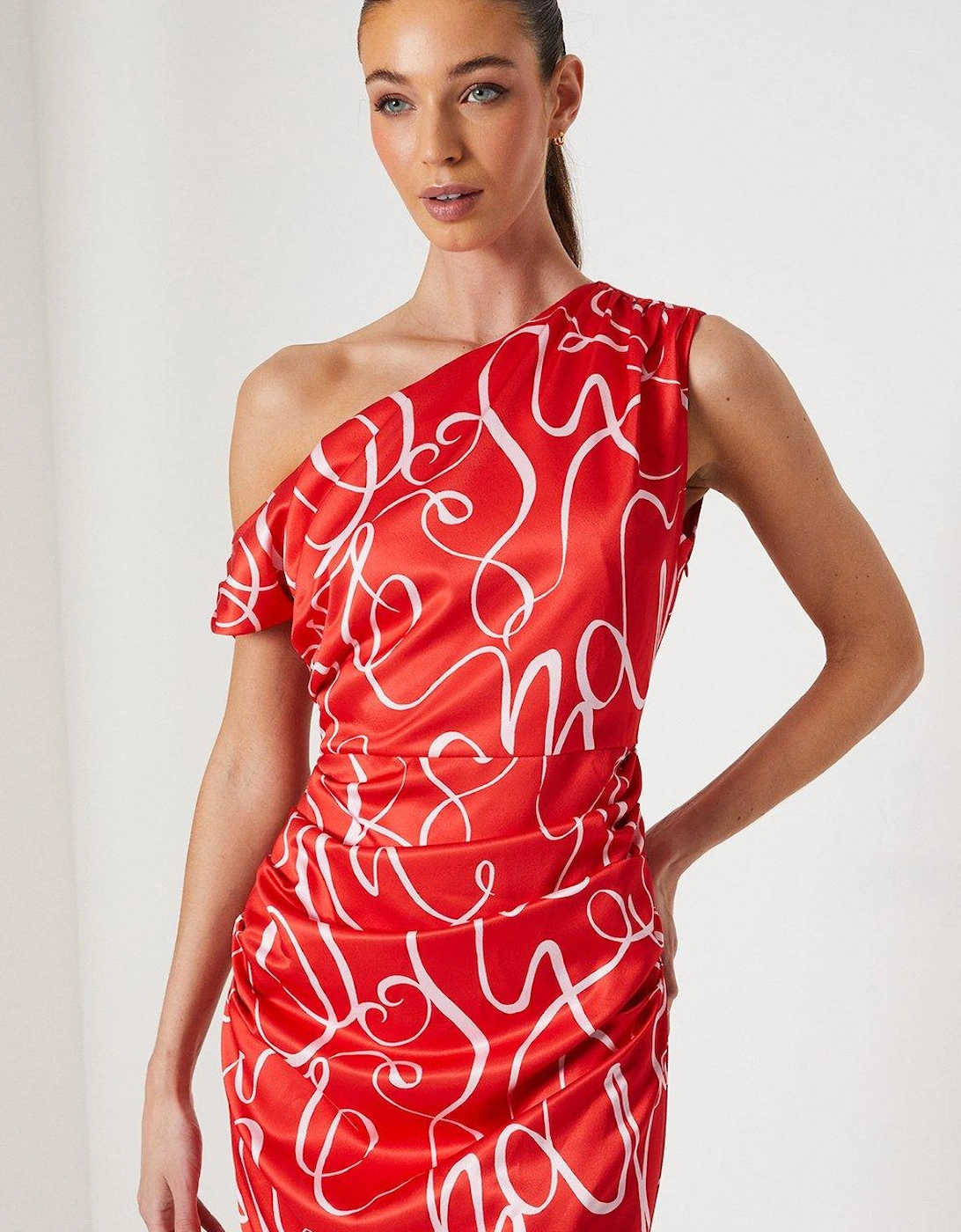 Fallen Shoulder Printed Satin Midi Dress