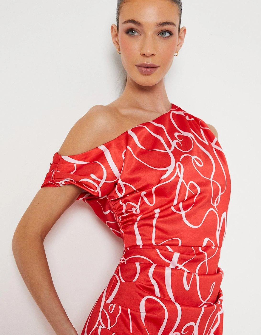Fallen Shoulder Printed Satin Midi Dress