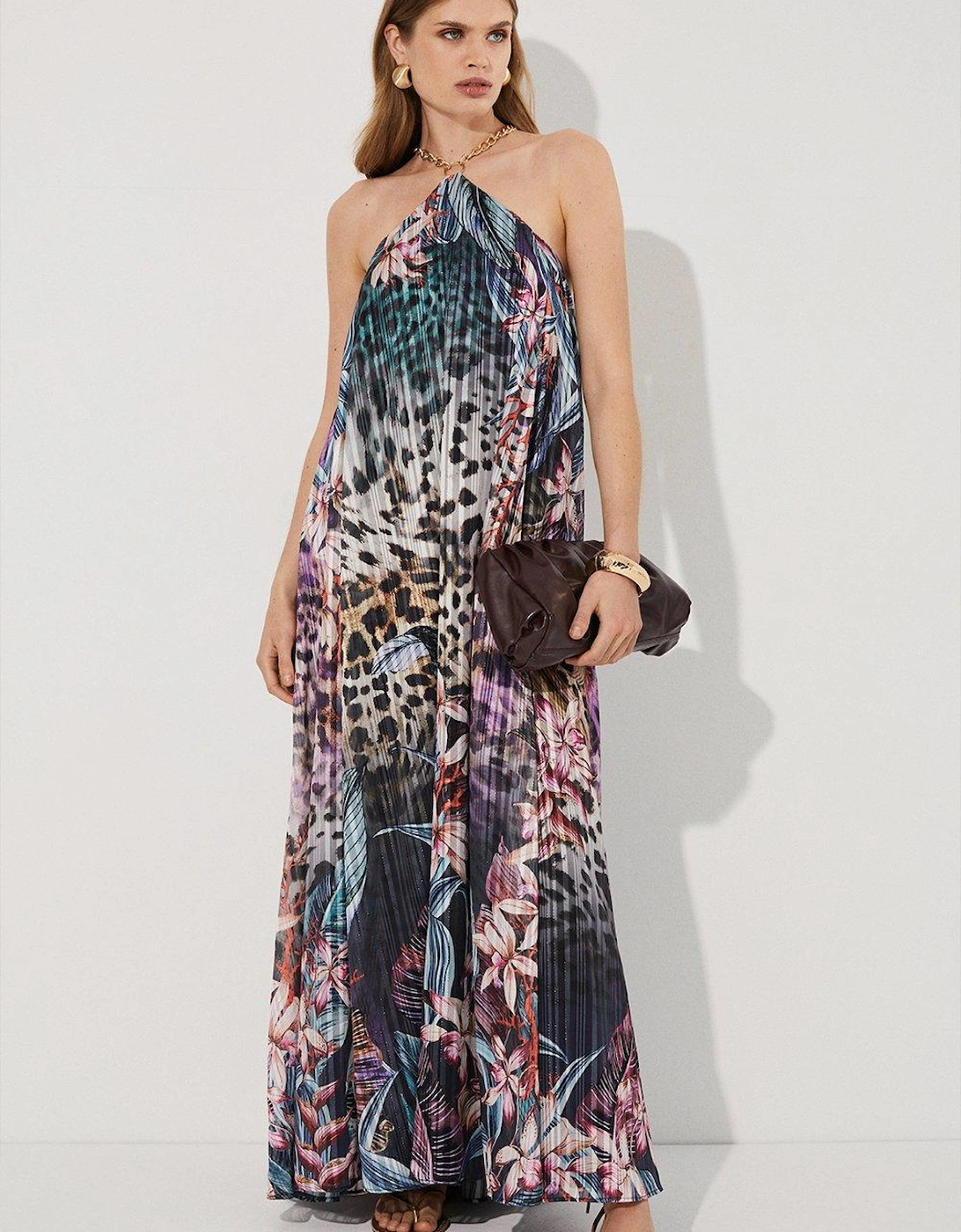 Tropical Placement Print Necklace Detail Maxi Dress, 6 of 5