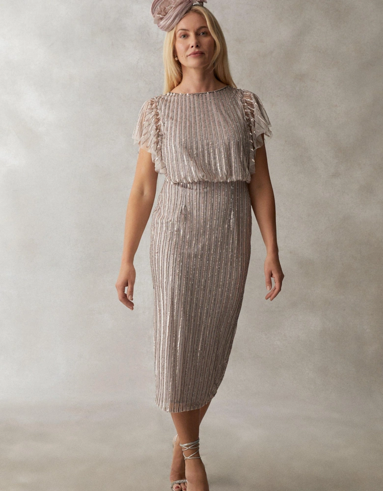 Embellished Midi Dress With Frill Sleeve
