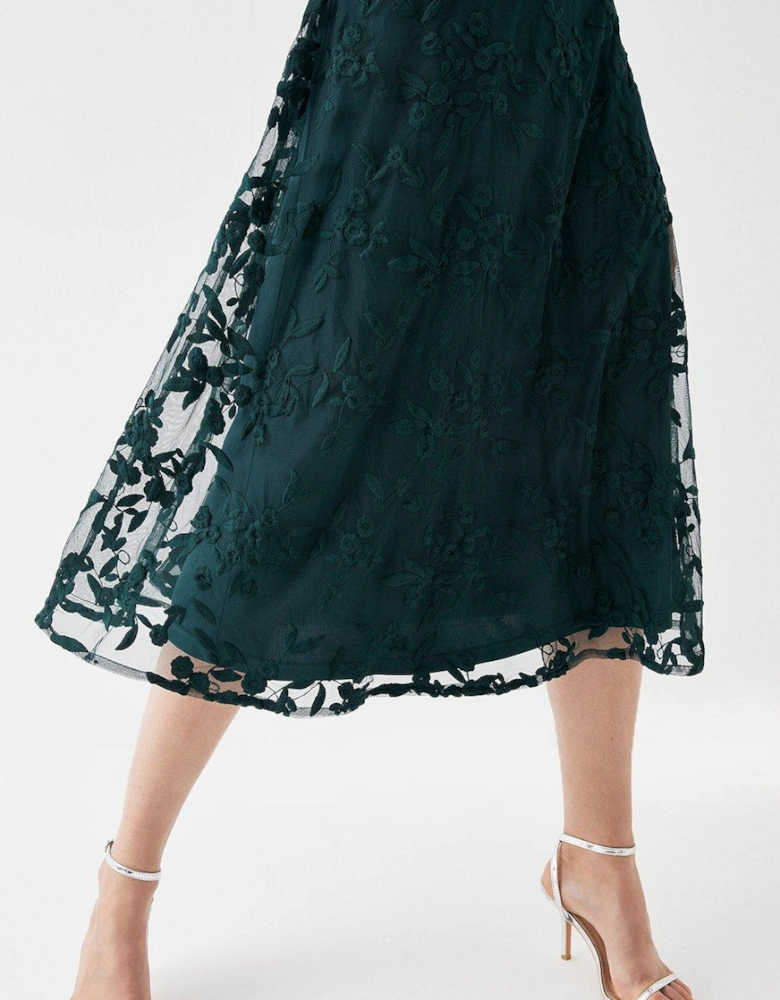 Embroidered Mesh Puff Sleeve Midi Dress