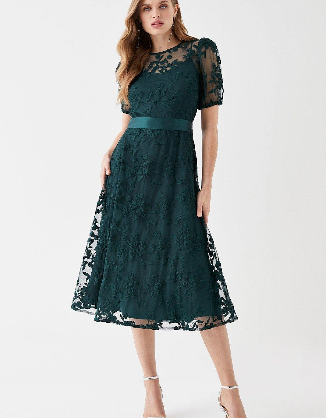 Embroidered Mesh Puff Sleeve Midi Dress, 5 of 4