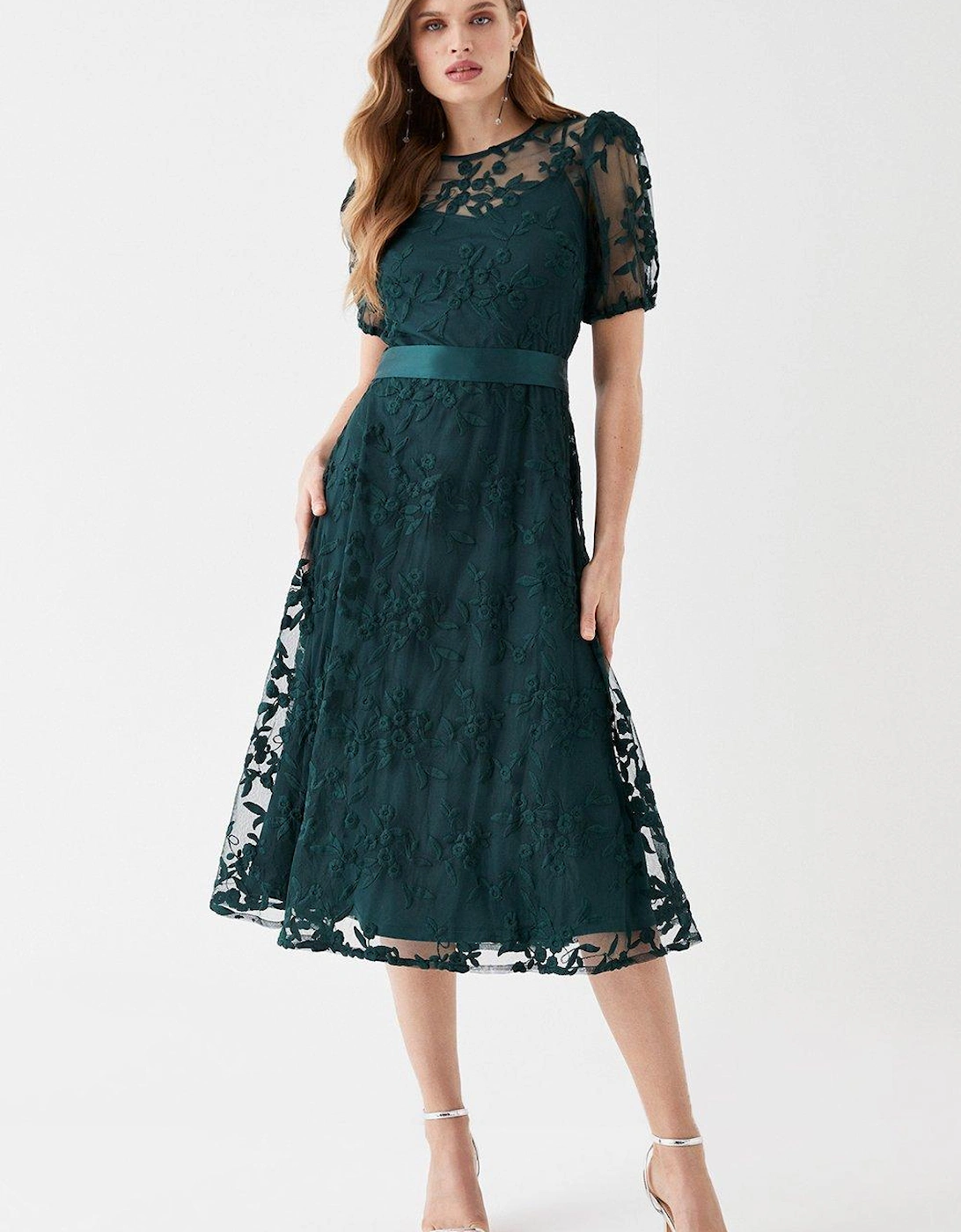 Embroidered Mesh Puff Sleeve Midi Dress, 9 of 8