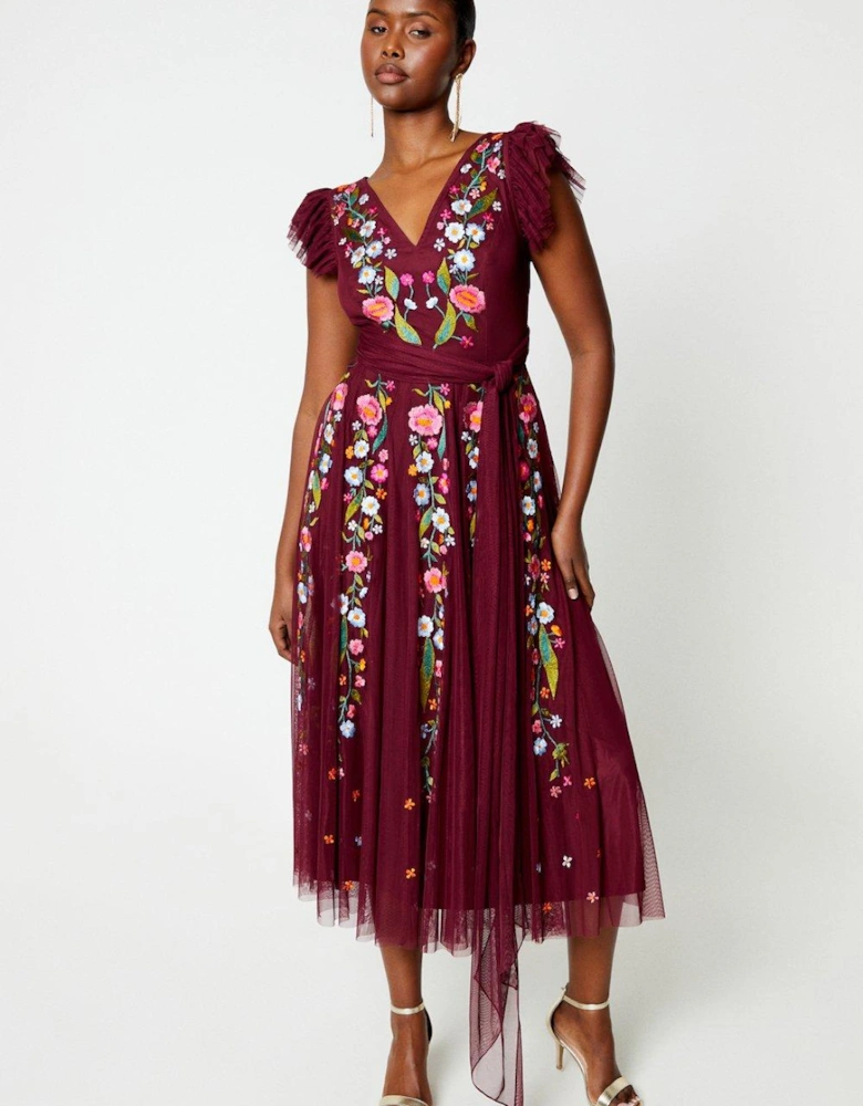 Floral Embroidered Mesh Wrap Over Waist Midi Dress