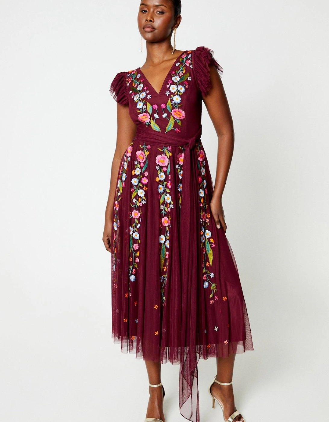 Floral Embroidered Mesh Wrap Over Waist Midi Dress, 5 of 4