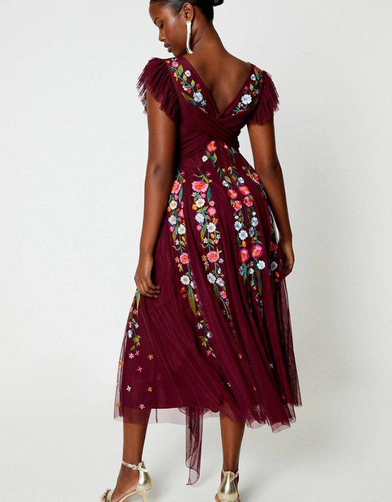 Floral Embroidered Mesh Wrap Over Waist Midi Dress