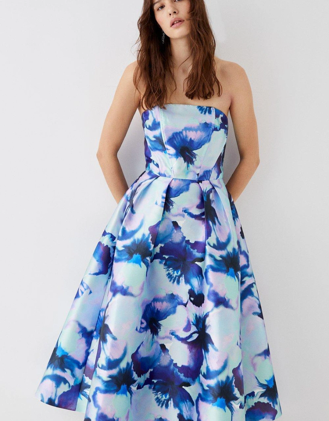 Satin Twill Strapless Midi Dress