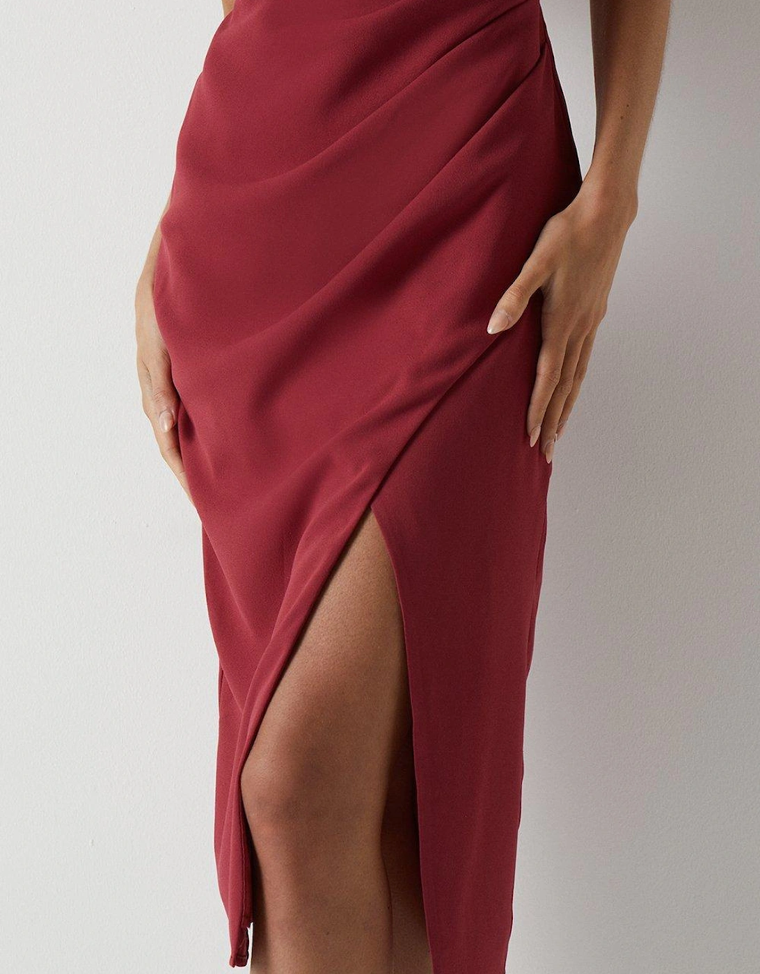 Pleated Strappy Wrap Over Satin Bridesmaids Dress