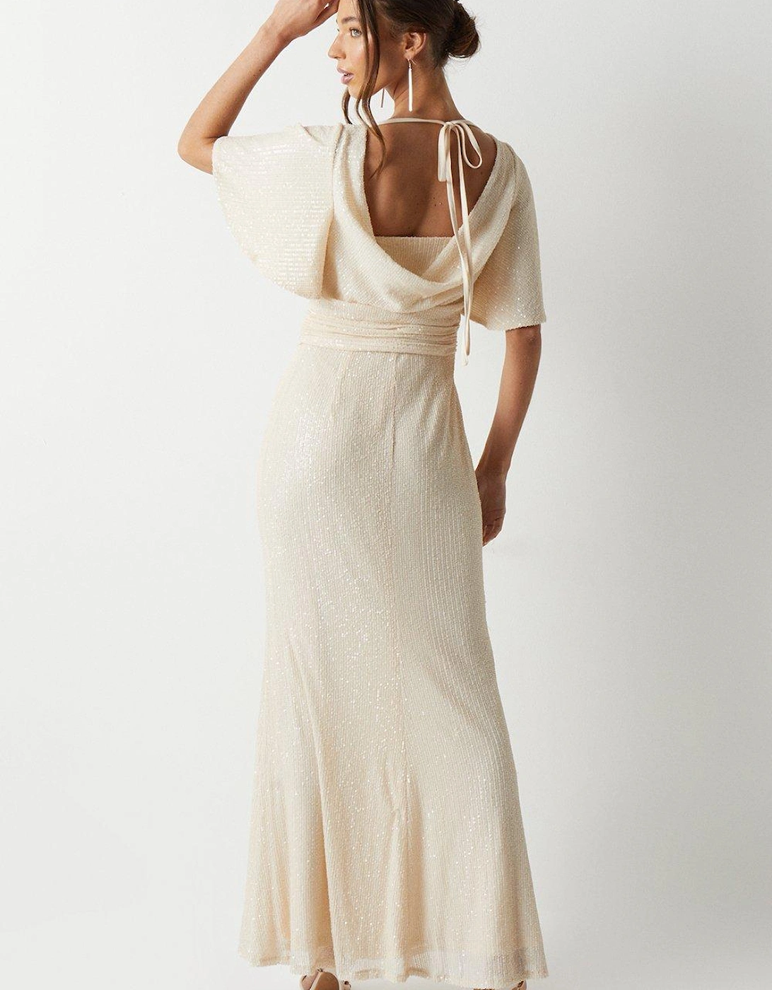 Cowl Back Angel Sleeve Sequin Bridesmaids Dress