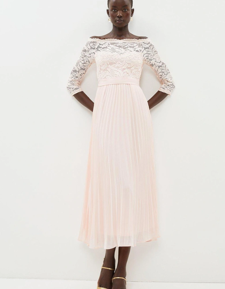 Lace Bardot Pleat Skirt Dress