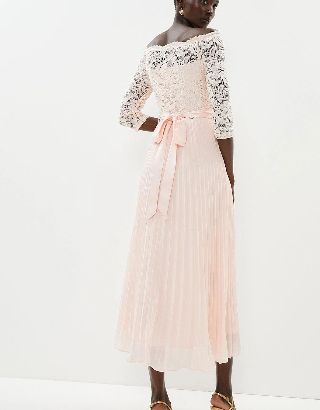 Lace Bardot Pleat Skirt Dress