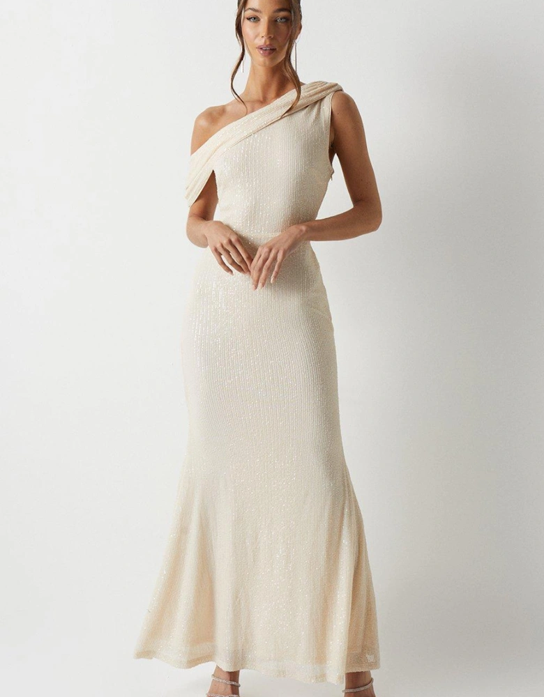 Fallen Shoulder Sequin Bridesmaids Maxi Dress