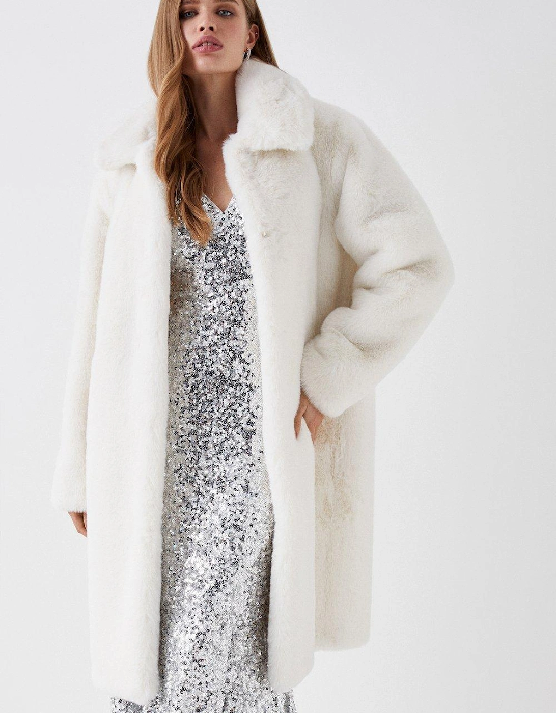 Faux Fur Longline Collared Coat