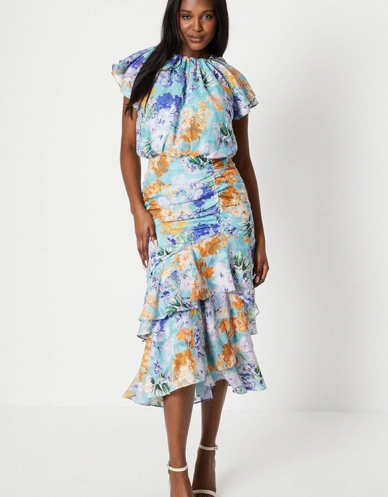 Georgette Jacquard Midi Dress With Ruched Skirt