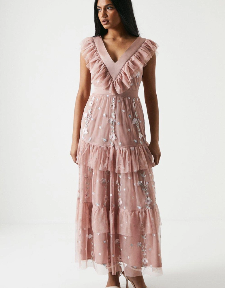 Petite Embroidered Wildflower Mesh Bridesmaids Maxi Dress