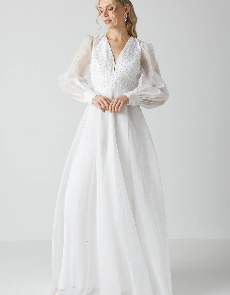 Embellished Pearl Organza Blouson Sleeve Wedding Dress