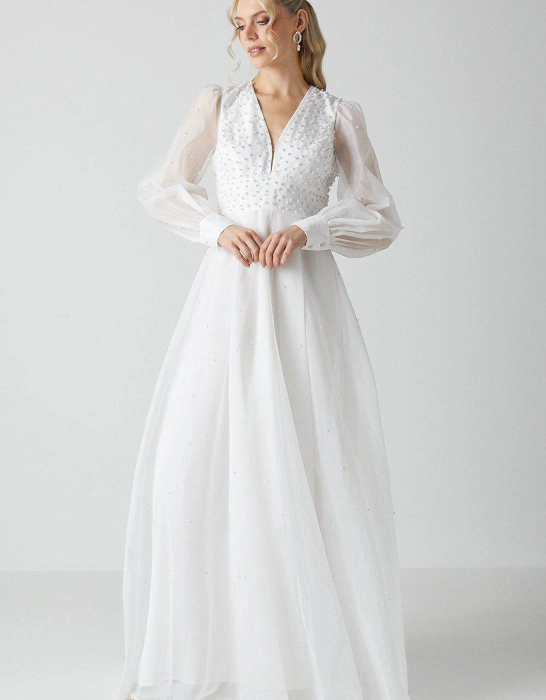 Embellished Pearl Organza Blouson Sleeve Wedding Dress, 5 of 4