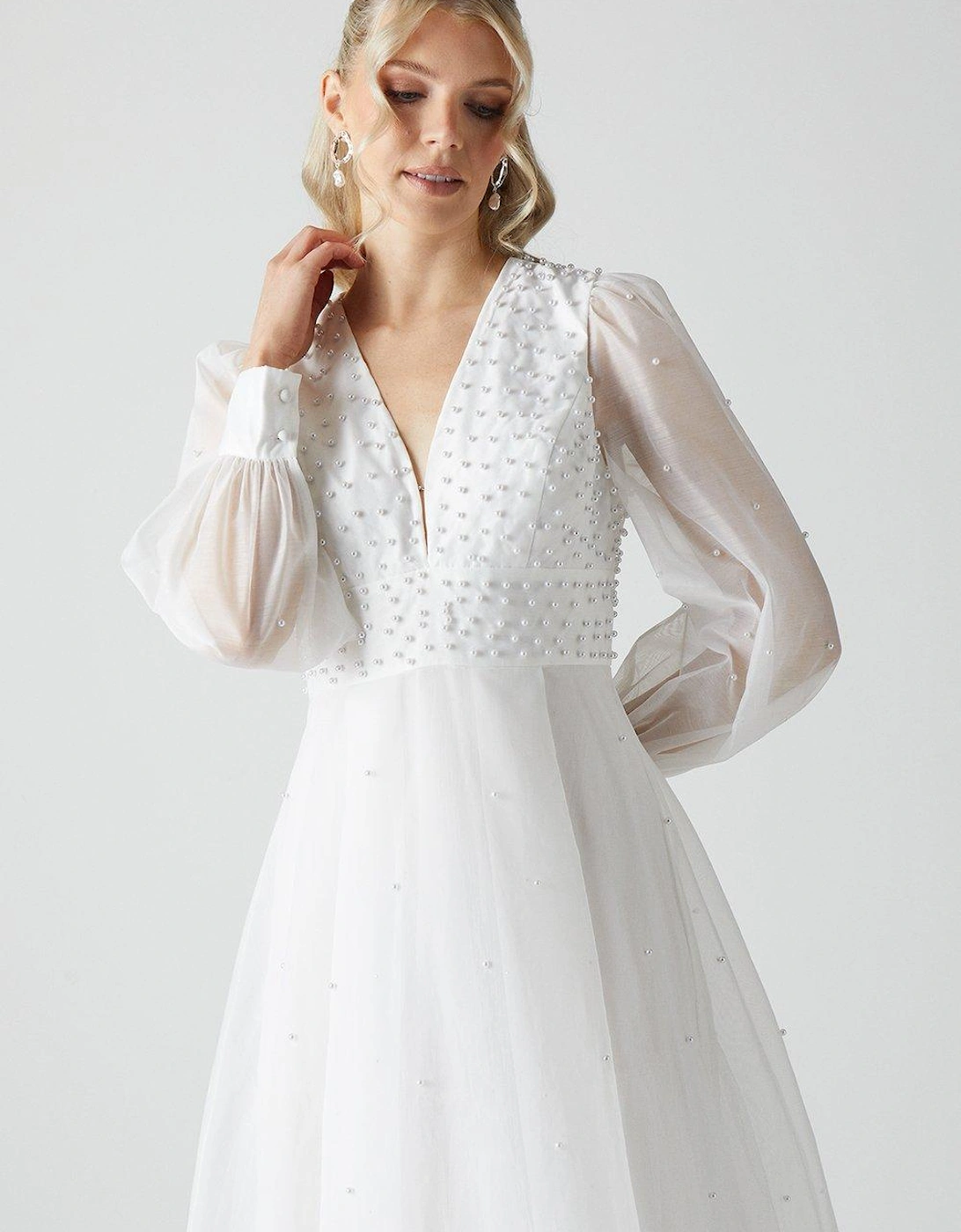 Embellished Pearl Organza Blouson Sleeve Wedding Dress