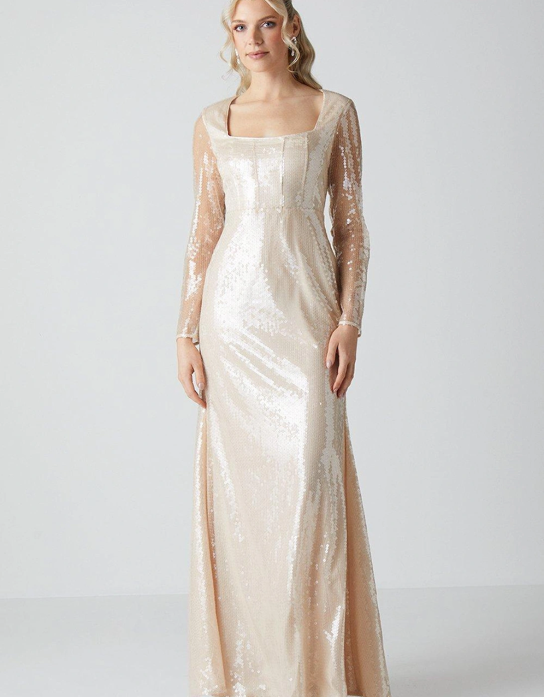 Glass Sequin Long Sleeve Wedding Dress, 5 of 4