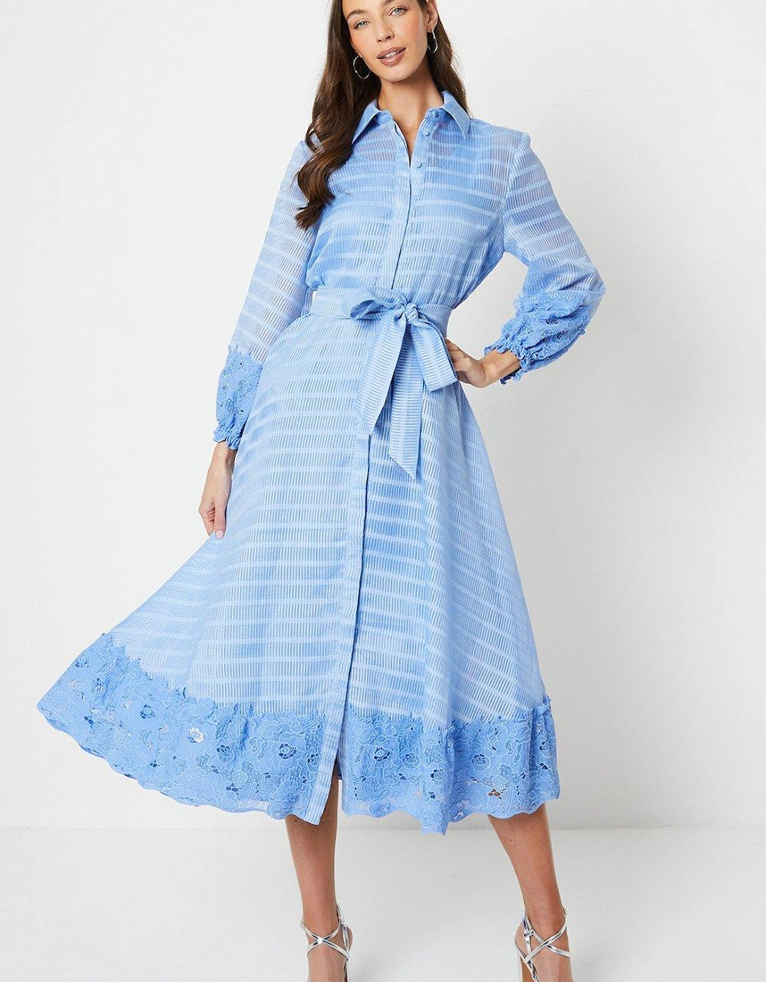 Lace And Stripe Organza Belted Shirt Dress With 3/4 Sleeve, 2 of 1