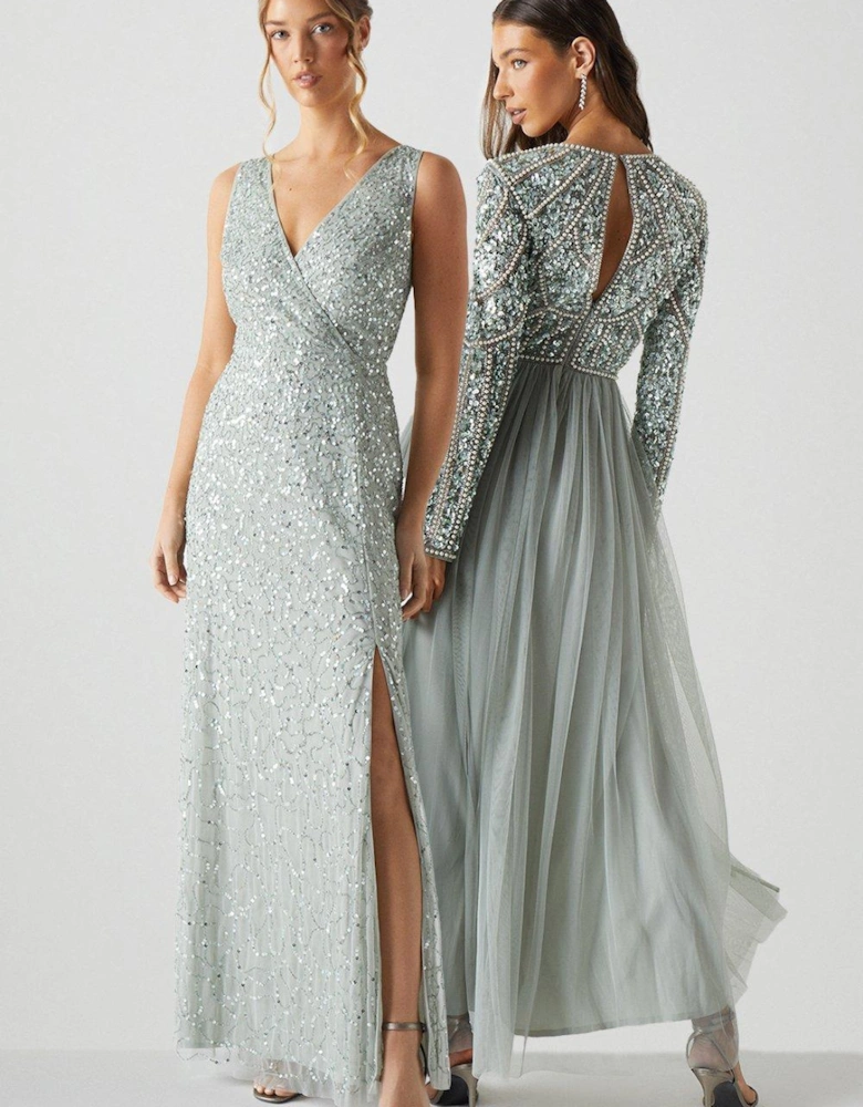 Sleeveless Wrap Front All Over Sequin Bridesmaids Maxi Dress