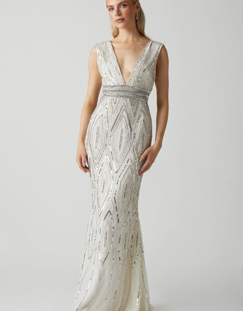 Art Deco Plunge Beaded Wedding Dress