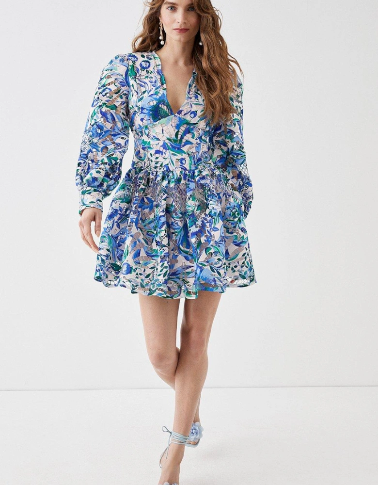 Alexandra Farmer Printed Lace Blouson Sleeve Mini Dress