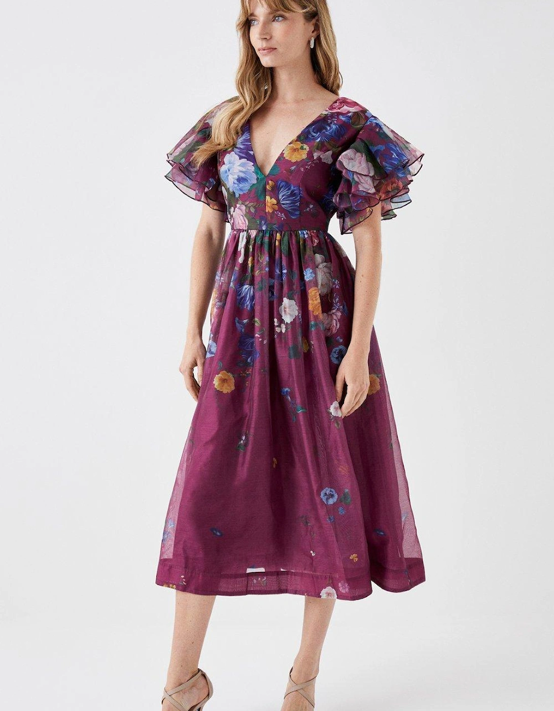 Ruffle Sleeve Placement Print Full Skirt Midi Dress, 2 of 1