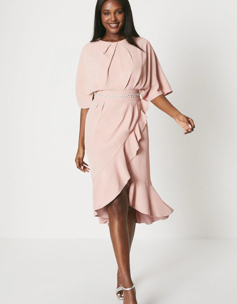 Crepe Frill Wrap Dress With Pearl Waist