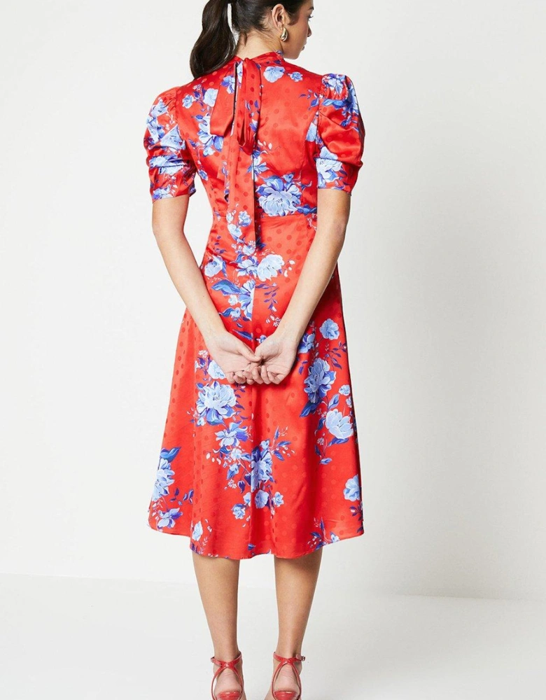 High Neck Puff Sleeve Midi Dress