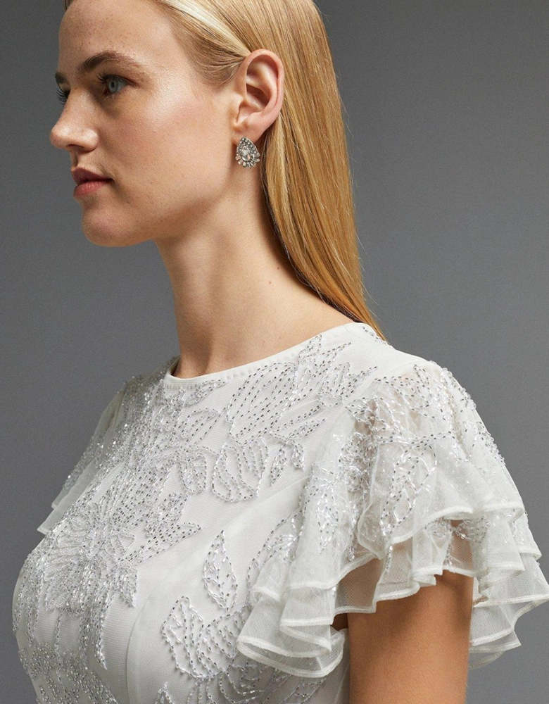 Premium Embellished Flutter Sleeve Midi Dress