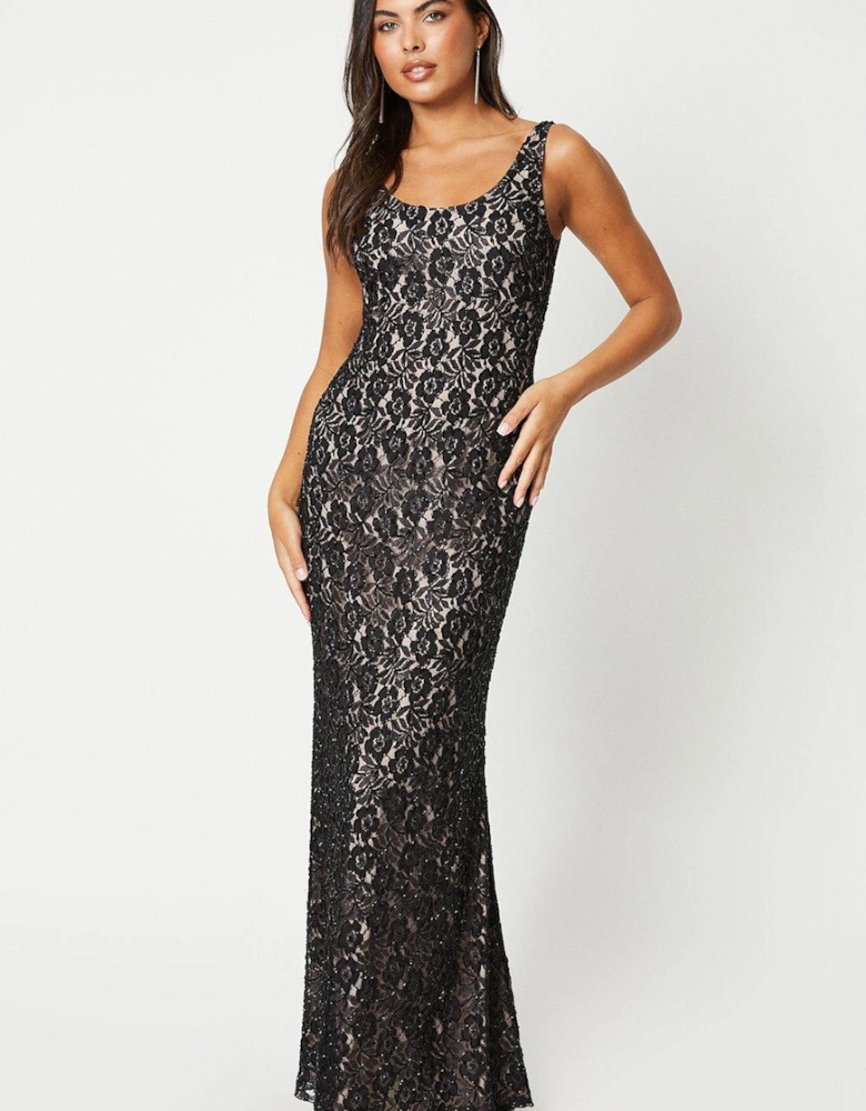 Embellished Lace Column Gown