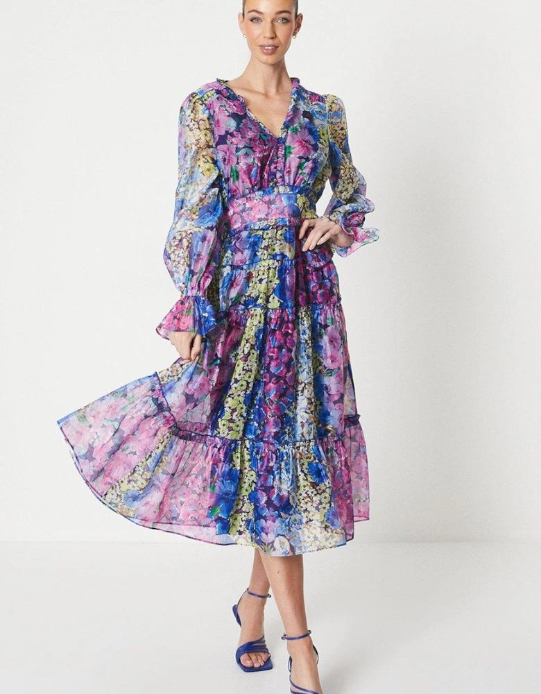 Printed Organza Layer Midi Dress