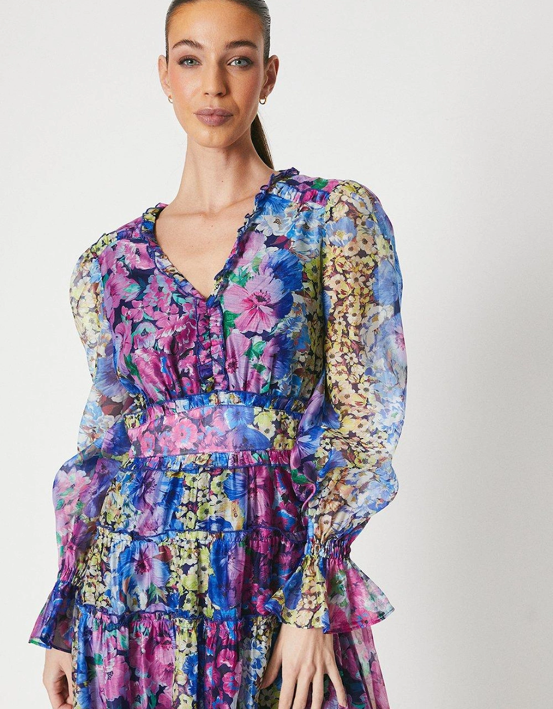 Printed Organza Layer Midi Dress