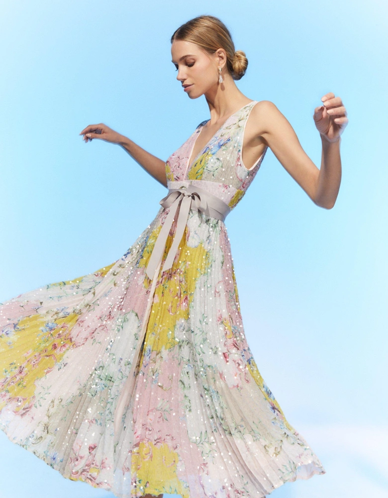 The Collector Pleated Sequin Tie Waist Midi Dress