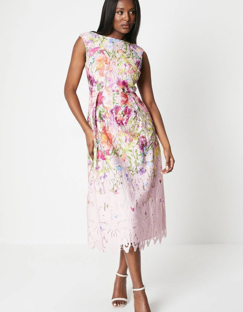 Printed Lace Sleeveless Midi Dress
