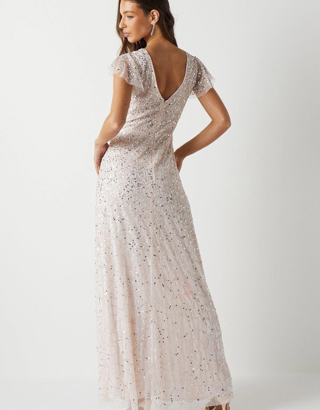 Angel Sleeve All Over Sequin Bridesmaids Maxi Dress