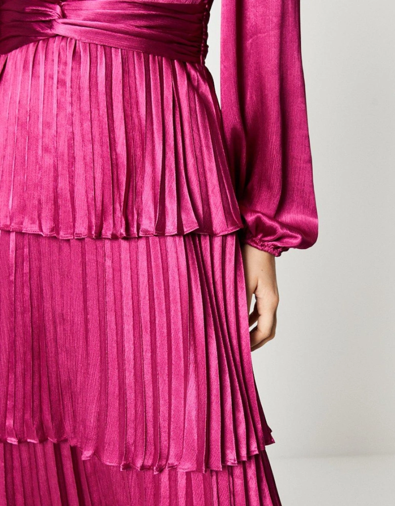 Tiered Pleated Skirt Satin Midi Dress With Long Sleeve