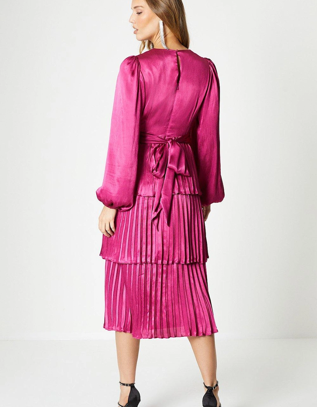 Tiered Pleated Skirt Satin Midi Dress With Long Sleeve