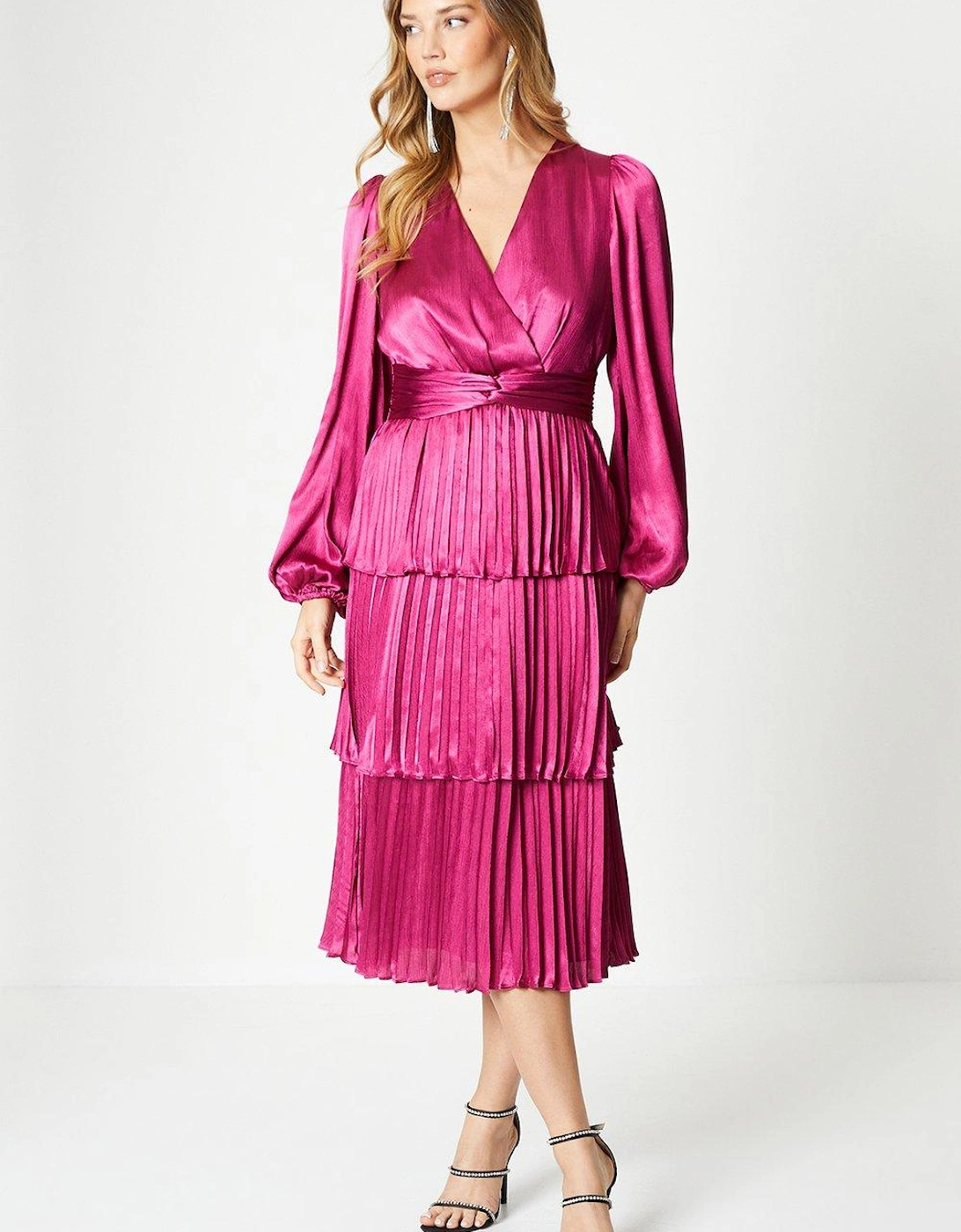Tiered Pleated Skirt Satin Midi Dress With Long Sleeve, 5 of 4