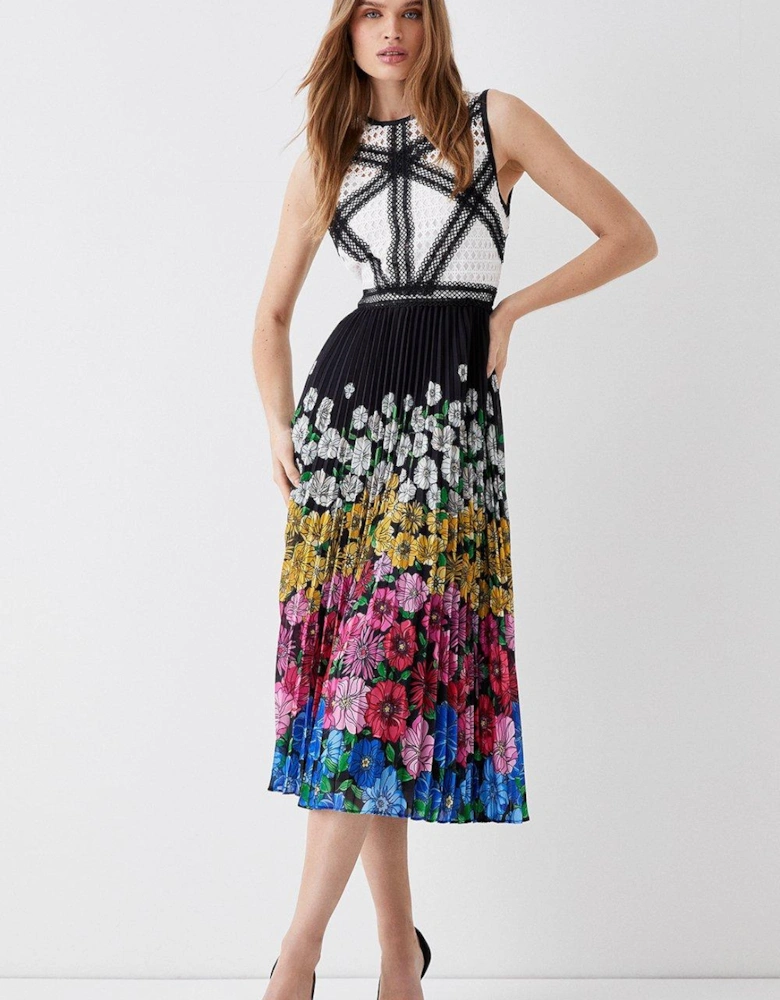 Placement Floral Pleated Skirt Lace Top Midi Dress