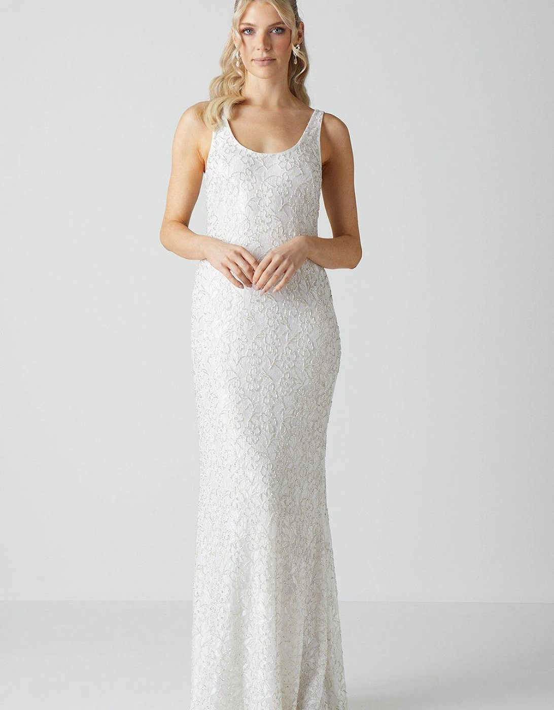 Embellished Lace Column Maxi Wedding Dress, 2 of 1