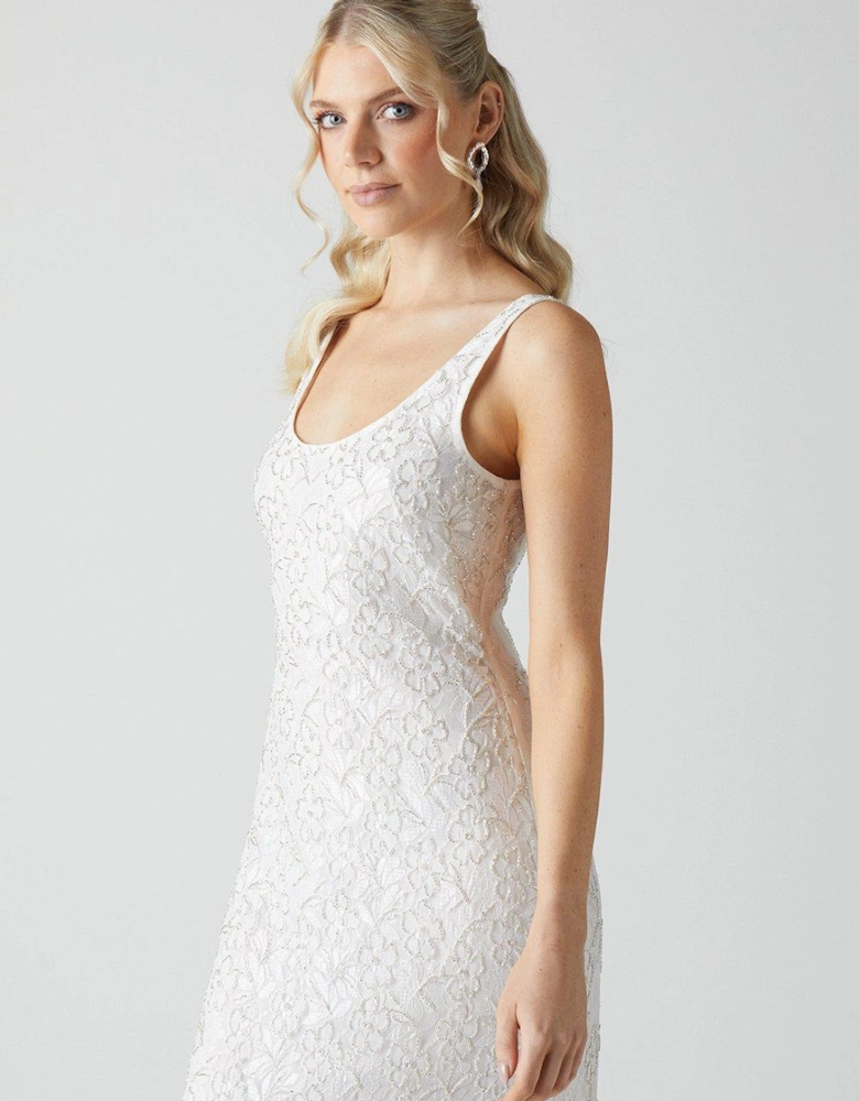 Embellished Lace Column Maxi Wedding Dress